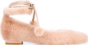 Lace Up Ballerina Flats Women Leathermink Fur 39, Nudeneutrals