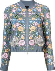 Floral Bomber Jacket Women Polyester 8, Blue