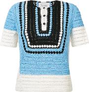 Crochet Knit Blouse Women Silk M, Blue