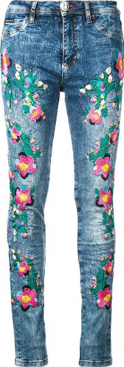 Floral Embroidery Skinny Jeans Women Cottonspandexelastane 27, Blue