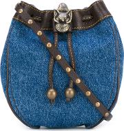 Denim Drawstring Bag Women Cottoncalf Leather One Size, Blue