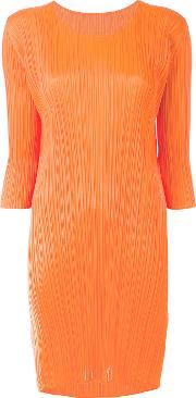 Pleated Shift Dress Women Polyester 4, Yelloworange