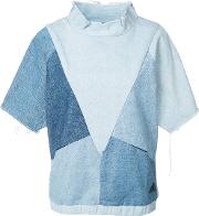 Denim Patchwork T Shirt Women Cotton M, Blue