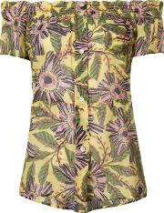 Floral Print Short Sleeved Shirt Women Silkcotton 44, Yelloworange