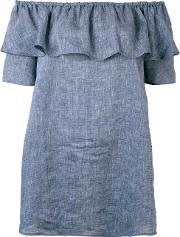 Chambray Ruffled Off The Shoulder Top Women Linenflax Xs, Blue