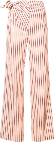 Side Knot Striped Trousers Women Cottonlinenflax 2, White
