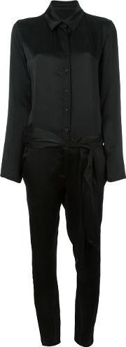 Collared Long Sleeve Jumpsuit Women Silk 4, Women's, Black