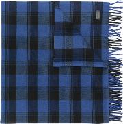 Saint Laurent Checked Fringed Scarf Men Cashmerewool One Size, Blue 