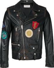 Saint Laurent Classic Multi Patch Motorcycle Jacket Men Calf Leather 46, Black 