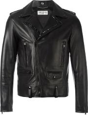 Studded Lapel Biker Jacket Men Cottonlamb Skinpolyestermetal 46, Black