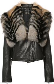 Leather Jacket With Removable Faux Fur Shawl Women Goat Skin 4 Black