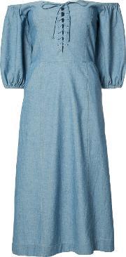 Off Shoulder Midi Dress Women Cotton 6, Women's, Blue