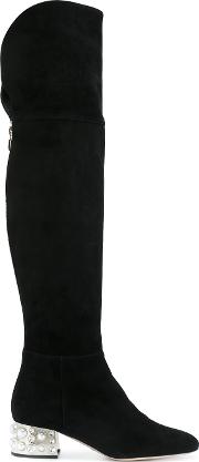 Sebastian Knee Length Boots With Embellished Heel Women Leathersuederubber 39, Black 