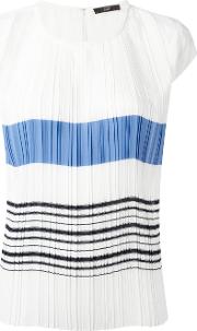 Pleated Striped Front T Shirt Women Polyester S, White
