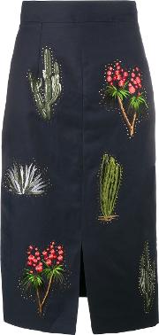 Cactus Embroidered Pencil Skirt 