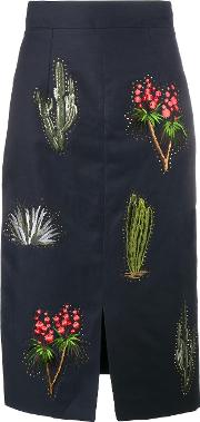 Cactus Embroidered Pencil Skirt Women Cottonlinenflaxpolyamideacetate 46, Blue