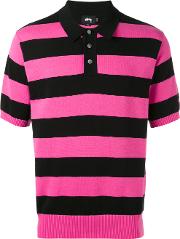 Striped Knit Polo Shirt Men Cotton L, Pinkpurple