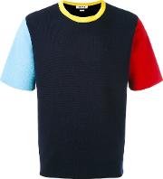 Knitted Colour Block T Shirt Men Cotton L, Blue