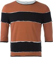 Raw Edge Striped T Shirt Men Cotton M, Brown