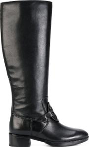 Tory Burch Textured Logo Equestrian Boots Women Leatherrubber 7, Black 