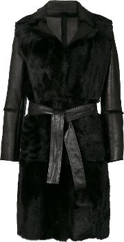 Twin Set Contrast Sleeves Belted Coat Women Fox Furleather 42, Black 