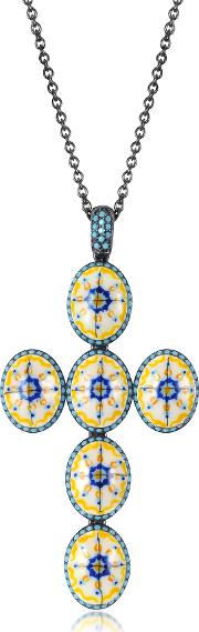 Azhar Necklaces, Capri Silver, Zircon And Enamel Cross Necklace 