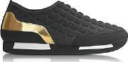  Maya Black Quilted Neoprene And Gold Metallic Leather Sneaker
