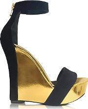 samara black suede and gold metallic leather wedge sandal