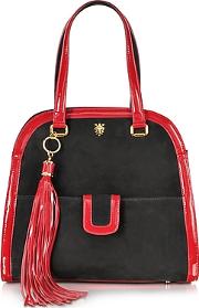  Black Suede And Red Patent Leather Shoulder Bag