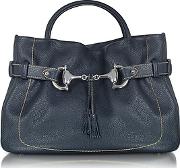  Navy Blue Pebble Italian Leather Satchel Handbag