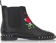  Chelsea Black Leather Floral Embroidery Ankle Boot