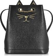 Feline Black Leather Backpack