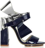  Silver And Navy Blue Patent Leather Bow Sandals