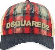  Red Checked Wool Blend And Denim Baseball Cap