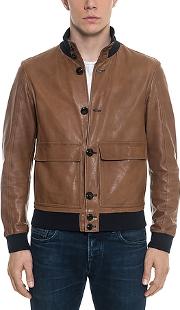  Brown Leather Men's Bomber Jacket