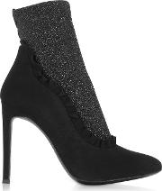 Black Suede And Glitter Stretch Fabric High Heel Booties