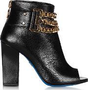 Black Leather Open Toe Ankle Boots