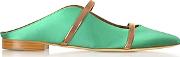  Maureen Emerald Green Satin And Rose Gold Nappa Leather Flat Mules