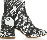  Black Crackled Graffiti Printed Leather Heel Boots