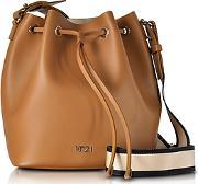  Brown Leather Bucket Bag Wcanvas Shoulder Stap