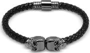 Black Nappa Leather W Gunmetal Twin Skull Bracelet 