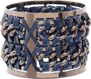 Pluma Bracelets, Gunmetal Brass And Navy Blue Leather Large Bangle In Fumoso 