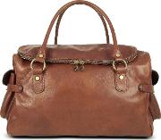  Large Brown Pebbled Italian Leather Carryall Bag