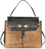 Black Leather And Natural Pony Hair Satchel Bag
