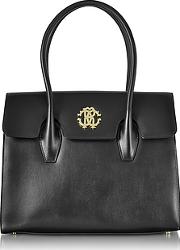  Black Leather Double Handle Tote Bag