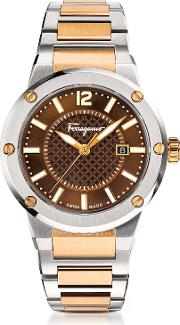 Salvatore Ferragamo Men's Watches, F 80 Silver Stainless Steel And Rose Gold Ip Men's Bracelet Watch Wbrown Dial 