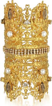  Golden Brass Double Crown Cuff Bracelet Wglass Pearls