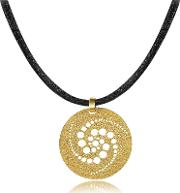 Golden Silver Etched Crop Circle Round Pendant Wleather Lace 