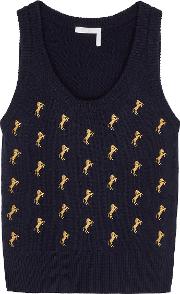 Chloe Navy Horse Embroidered Wool Blend Tank