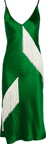 Green Fringed Satin Slip Dress